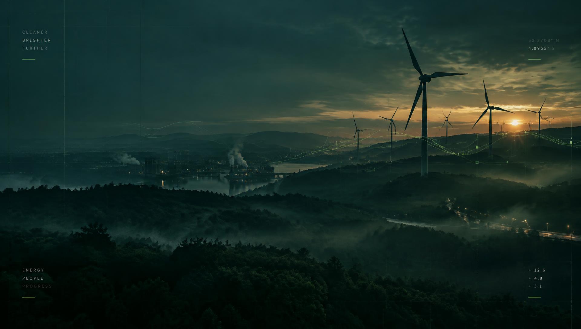 Wind turbines at dusk above an industrial valley